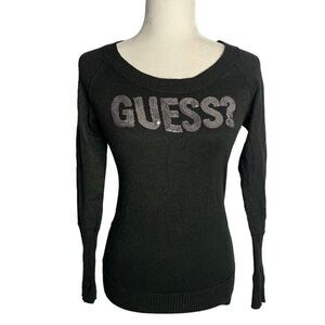 Vintage Guess Sequin Spell Out Sweater L Black Pullover Scoop Neck Ribbed Trim